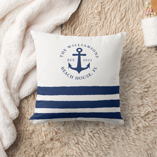 White Navy Blue Stripes Family Monogram Nautical Throw Pillow (Blanket)