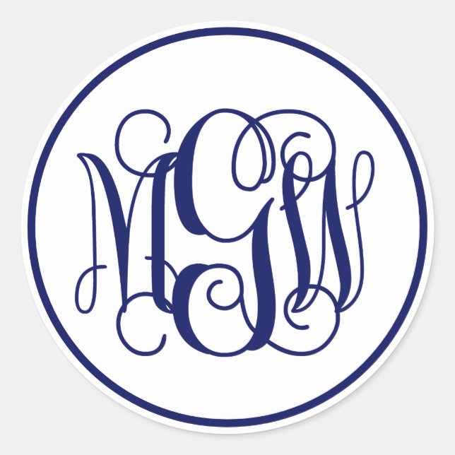 White Navy Blue Vine Script Monogram, DIY BG Classic Round Sticker (Front)