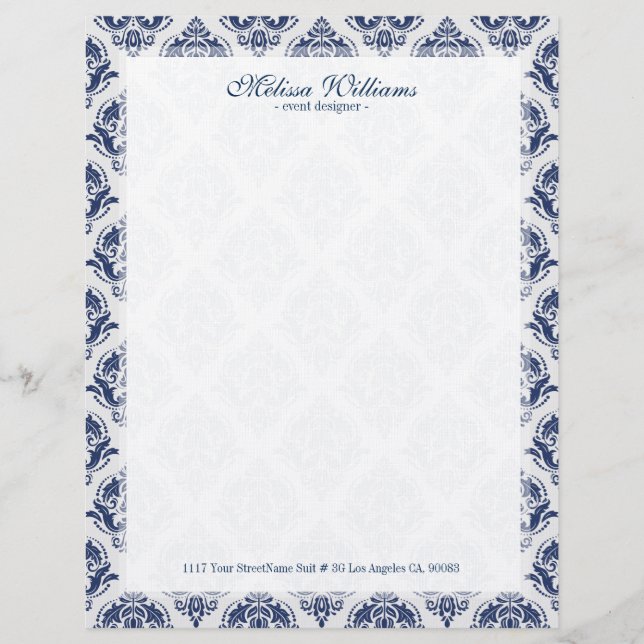White  & Navy Blue Vintage Damasks Pattern Letterhead (Front)