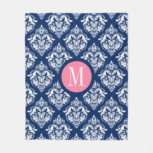 White  Navy_Blue Vintage Floral Damasks Pattern Fleece Blanket