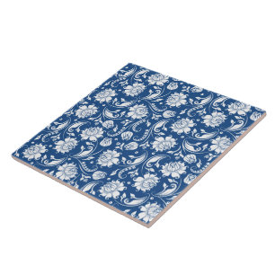 White & Navy Blue Vintage Floral Damasks Tile