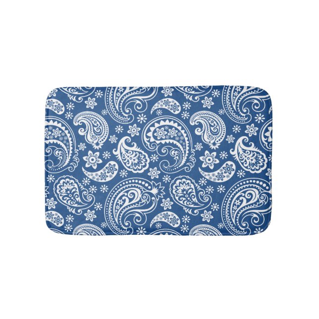 White & Navy Blue Vintage Paisley Bathroom Mat (Front)