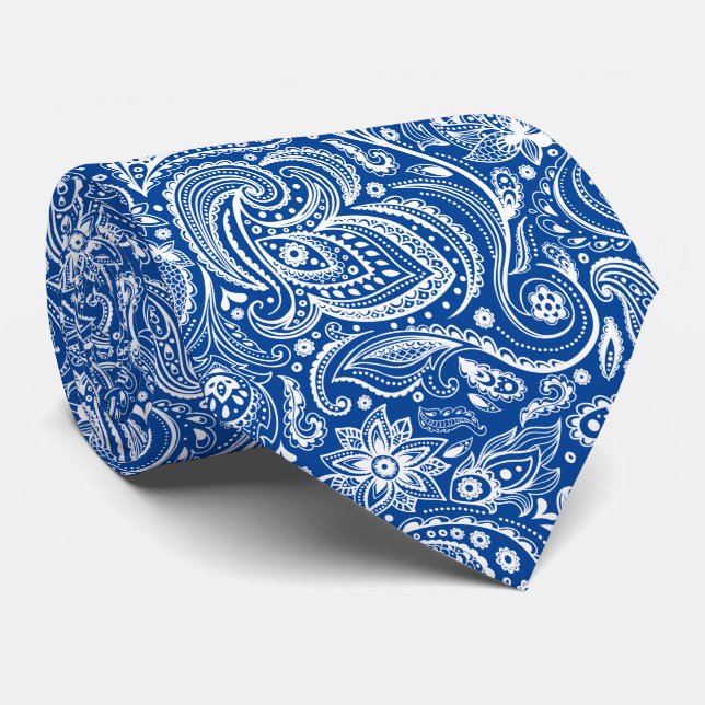 White & Navy-blue Vintage Paisley Pattern Neck Tie (Rolled)