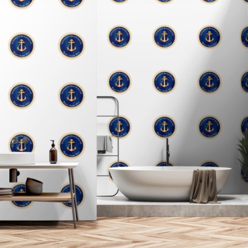  White  Navy Blue w Yellow Boat Anchor Monogram Wallpaper