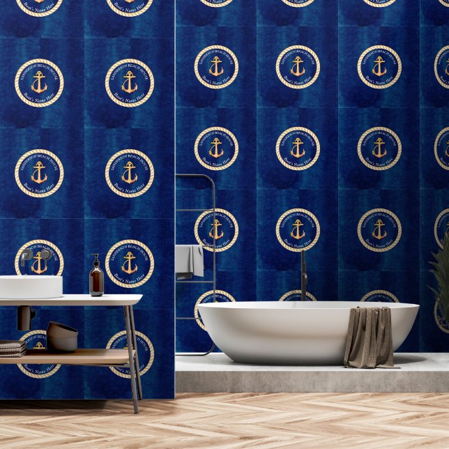  White  Navy Blue w/ Yellow Boat Anchor Monogram Wallpaper (Bathroom)