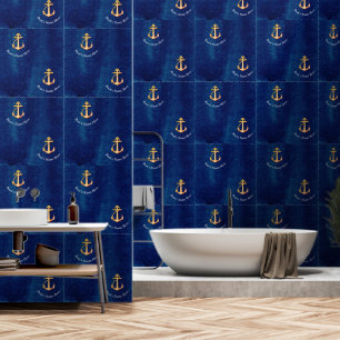 White  Navy Blue w/ Yellow Boat Anchor Monogram  Wallpaper