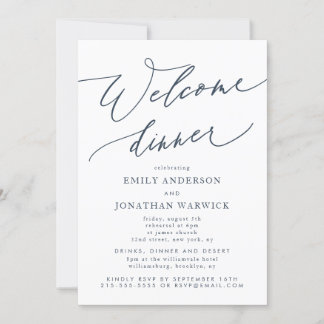 White Navy Blue Wedding Welcome Dinner Invitation