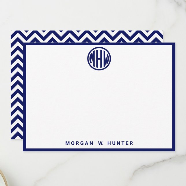White Navy Circle Monogram Font Chevron DIY BG Thank You Card (Creator Uploaded)