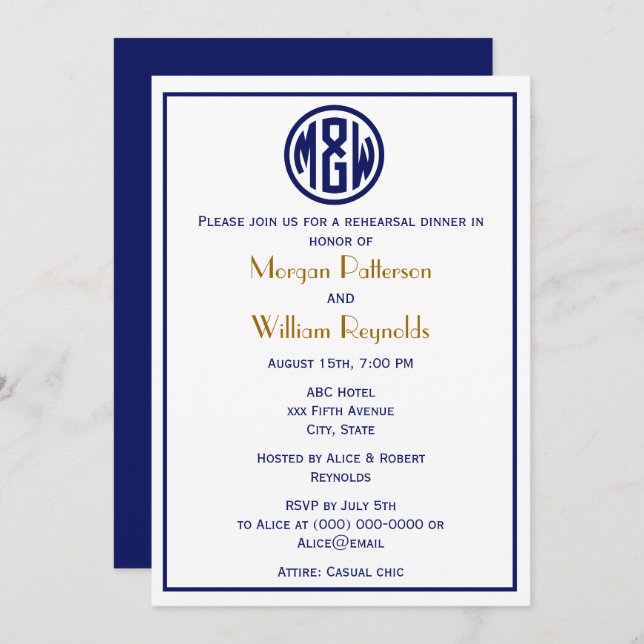 White Navy Circle Monogram Font DIY BG Invitation (Front/Back)
