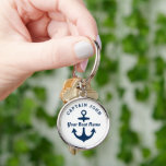 White Navy Custom Captain and Boat Name Anchor Keychain<br><div class="desc">Round nautical keychain design features a simple,  stylish navy blue and white coastal style design with boat anchor accent. Personalize the custom text with the name of the boat and boat owner / captain,  location,  or other preferred wording.</div>