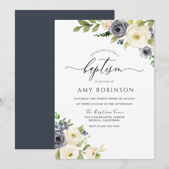 White & Navy Elegant Watercolor Baptism Invitation (Front/Back)