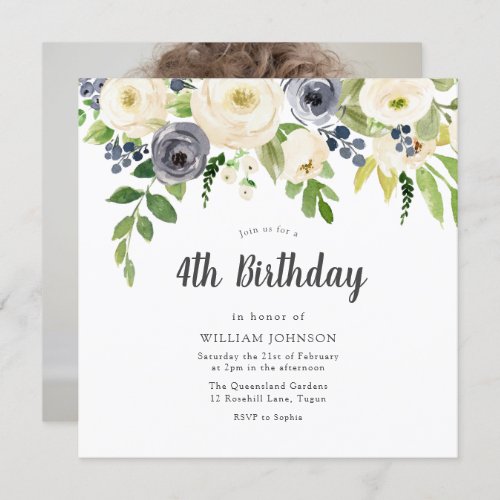 White Navy Floral Girl Boy Photo 4th Birthday Invitation