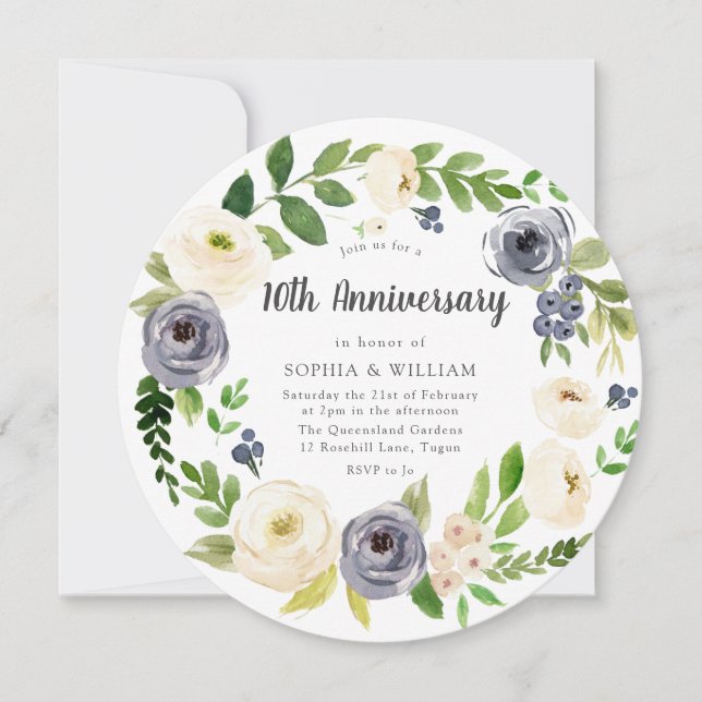 White Navy Floral Wreath 10th Wedding Anniversary Invitation (Front)