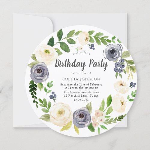 White Navy Floral Wreath All years Birthday Party Invitation