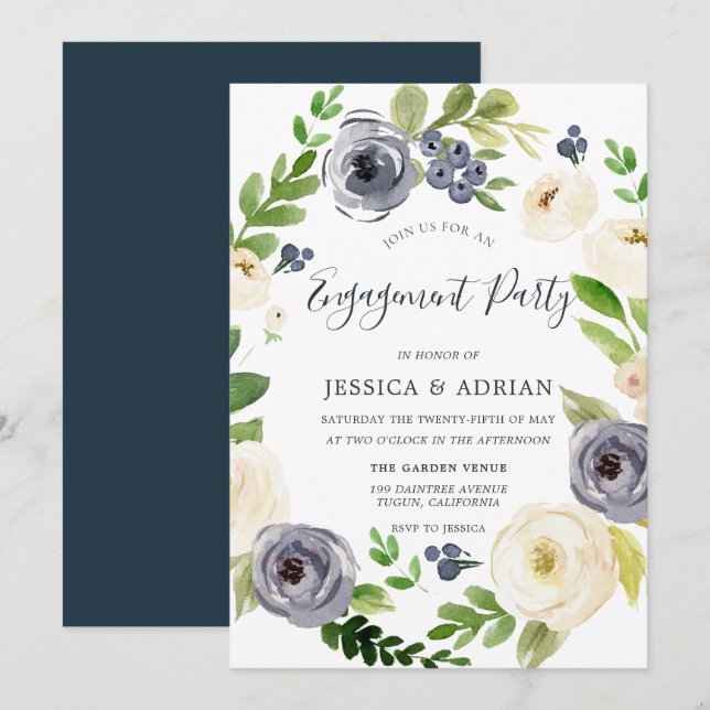 White & Navy Floral Wreath Engagement Party Invitation (Front/Back)