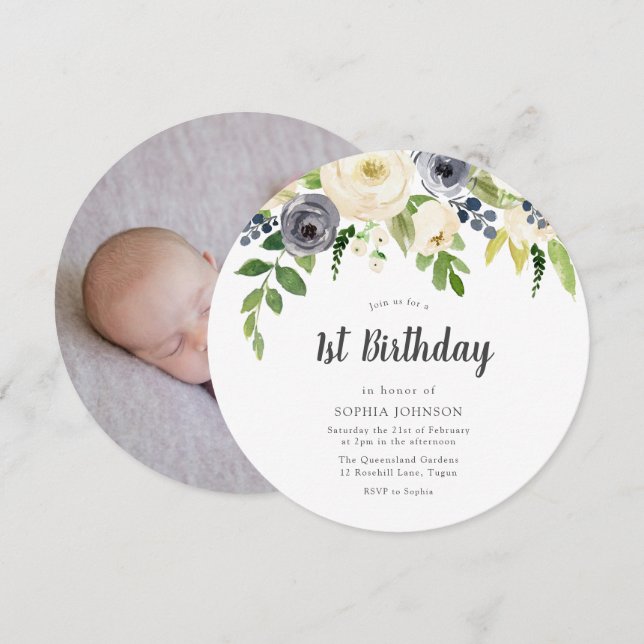 White & Navy Flowers Baby Photo 1st Birthday Party Invitation (Front/Back)