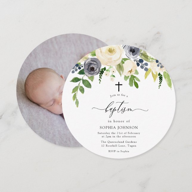 White & Navy Flowers Baby Photo Baptism Invitation (Front/Back)