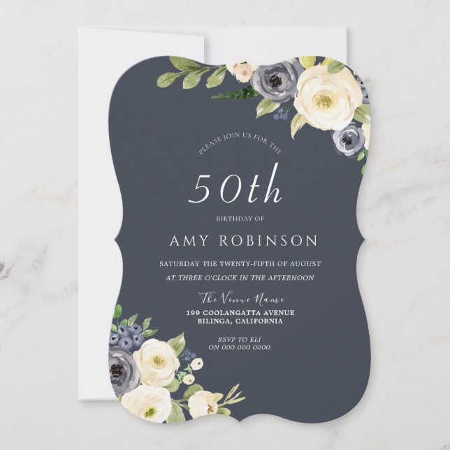White & Navy Flowers Beautiful 50th Birthday Party Invitation (Front)