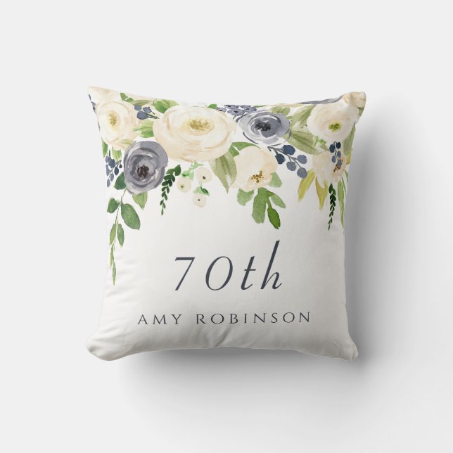 White & Navy Flowers Beautiful 70th Birthday Gift Throw Pillow (Front)