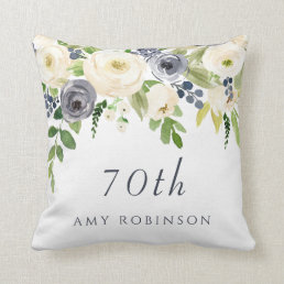 White &amp; Navy Flowers Beautiful 70th Birthday Gift Throw Pillow