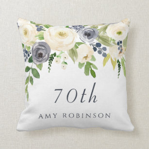 White & Navy Flowers Beautiful 70th Birthday Gift Throw Pillow