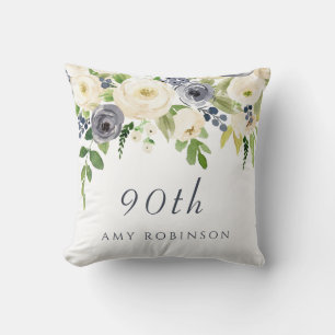 White & Navy Flowers Beautiful 90th Birthday Gift Throw Pillow
