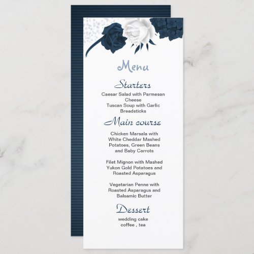 white  navy flowers beautiful wedding  menu