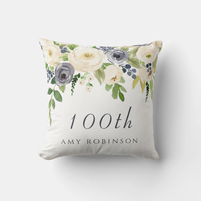 White & Navy Flowers womans 100th Birthday Gift Throw Pillow (Front)