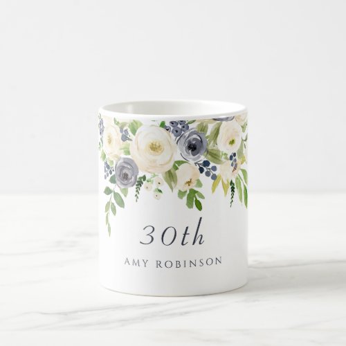 White  Navy Flowers Womans 30th Birthday Gift Coffee Mug