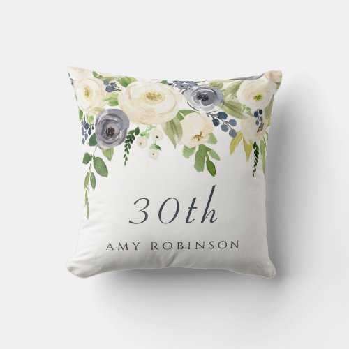 White  Navy Flowers womans 30th Birthday Gift Throw Pillow