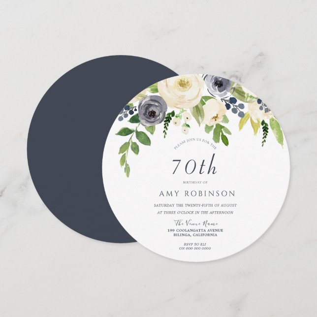 White & Navy Flowers Womans 70th Birthday Party Invitation (Front/Back)
