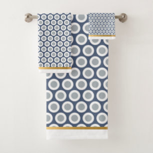 WHITE NAVY GEOMETRIC CIRCLES  BATHROOM TOWEL SET