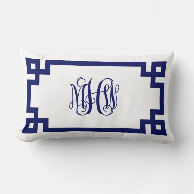 White Navy Greek Key Vine Script Monogram DIY BG Lumbar Pillow (Front)