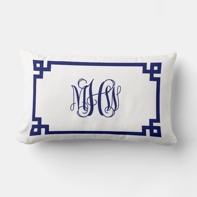 White Navy Greek Key Vine Script Monogram DIY BG Lumbar Pillow (Front)