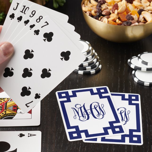 White Navy Greek Key Vine Script Monogram DIY BG Poker Cards (Creator Uploaded)