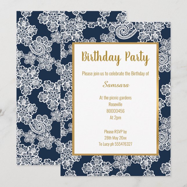 WHITE NAVY LACE GOLD TRIM ELEGANT BIRTHDAY white Invitation (Front/Back)