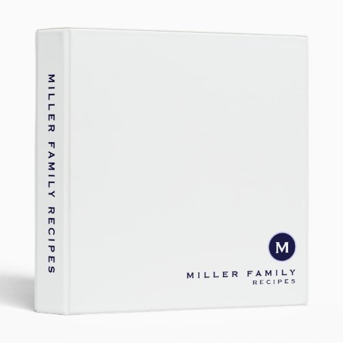 White Navy Monogram Initial Family Recipe 3 Ring Binder