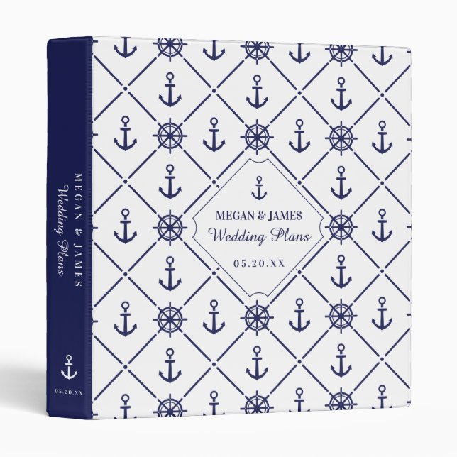 White & Navy Nautical Anchor Lighthouse Pattern 3 Ring Binder (Front/Spine)