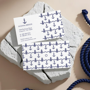 White & Navy Nautical Anchor Lighthouse Pattern Business Card