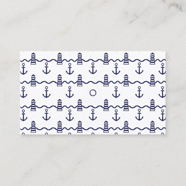 White & Navy Nautical Anchor Lighthouse Pattern Business Card (Front)