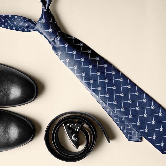 White & Navy Nautical Ship Wheel Diamond Pattern Neck Tie (Creator Uploaded)