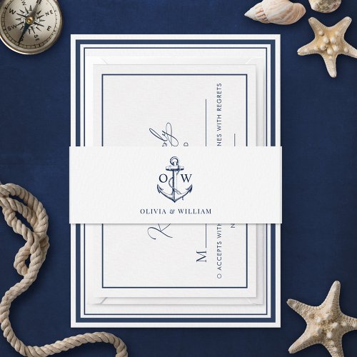 White Navy Nautical Wedding Monogram Anchor Invitation Belly Band