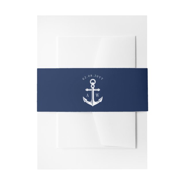 White Navy Nautical Wedding Monogram Invitation Belly Band (Front Example)