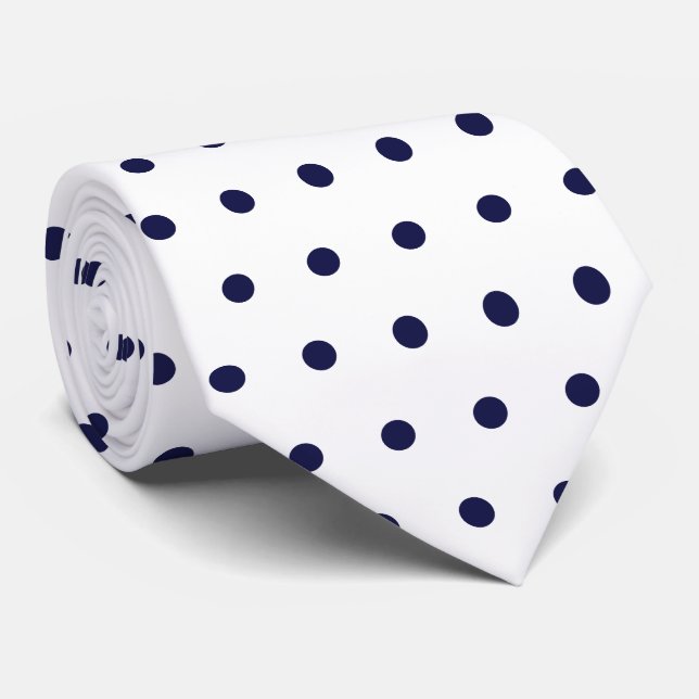 White & Navy Polka Dot Geometric Pattern Circles Neck Tie (Rolled)