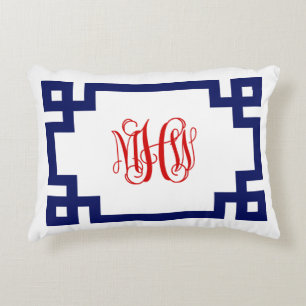 White Navy Red Greek Key Vine Monogram DIY BG Accent Pillow