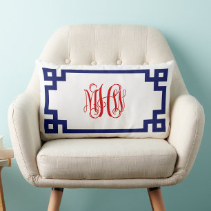 White Navy Red Greek Key Vine Monogram DIY BG Lumbar Pillow