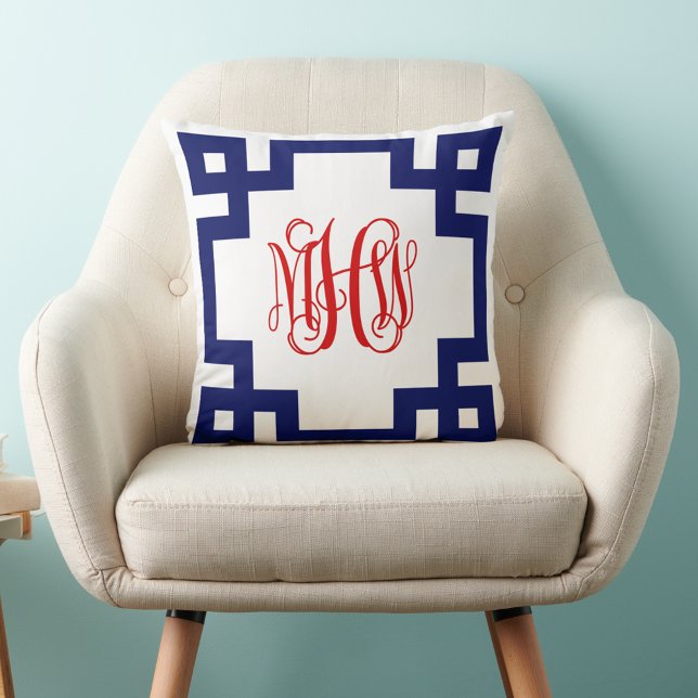 White Navy Red Greek Key Vine Monogram DIY BG Throw Pillow (Creator Uploaded)