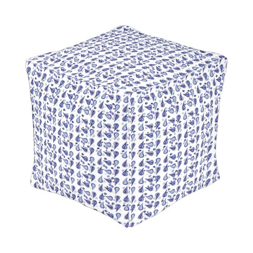 White Navy Royal Blue and Silver Paisley Outdoor Pouf
