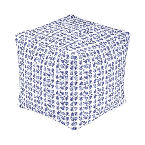 White Navy Royal Blue and Silver Paisley Pouf