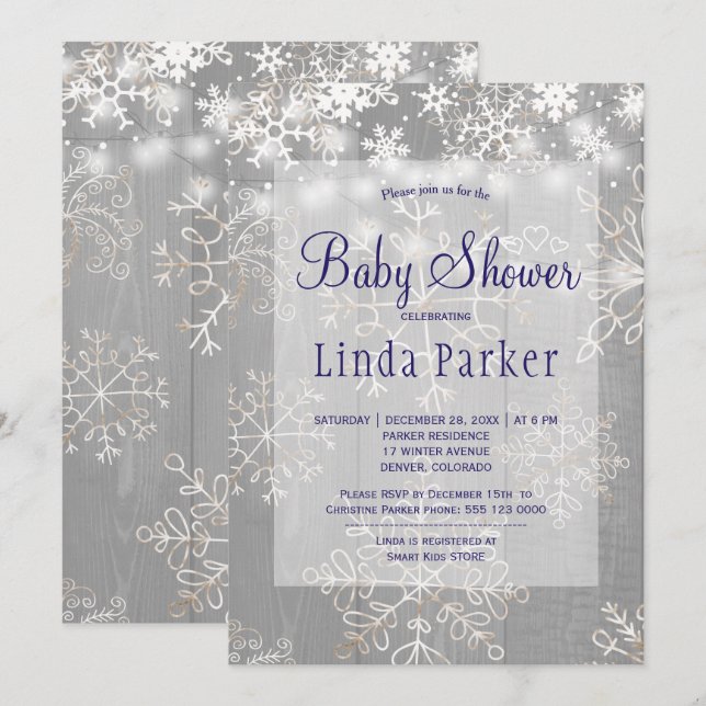 White navy snowflakes rustic winter baby shower invitation (Front/Back)